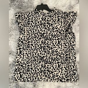 Shein ~ Cap Sleeve Ruffled Mock Neck Blouse Black/Cream Animal Print XL